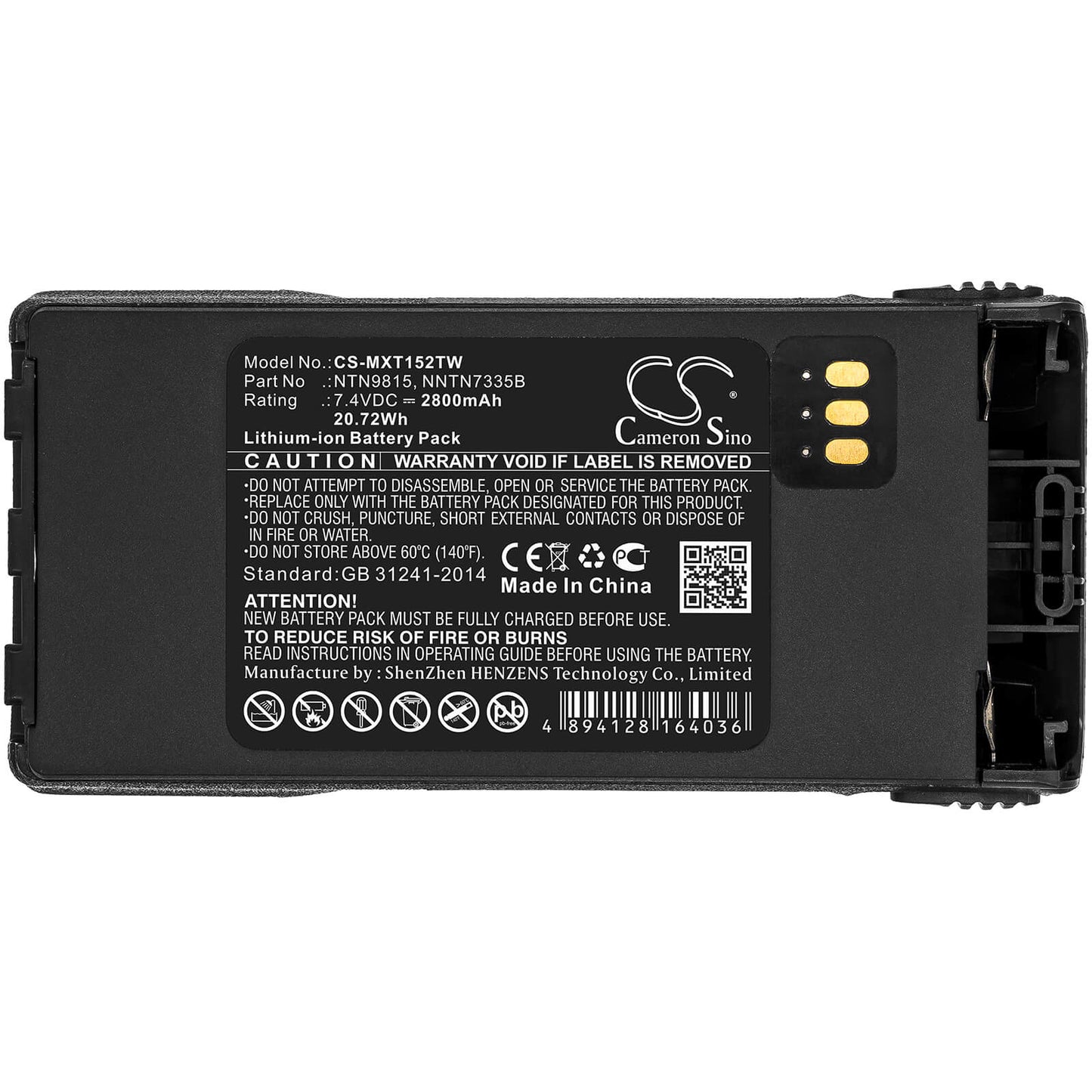 7.4V, 2800mAh, Li-ion Battery fits Motorola, Mt1500, Nt1500, 20.72Wh