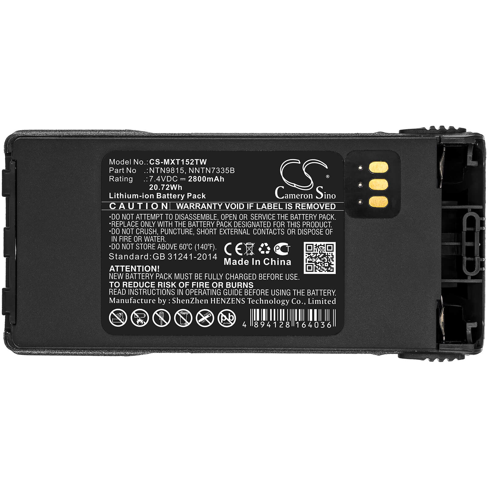 7.4V, 2800mAh, Li-ion Battery fits Motorola, Mt1500, Nt1500, 20.72Wh