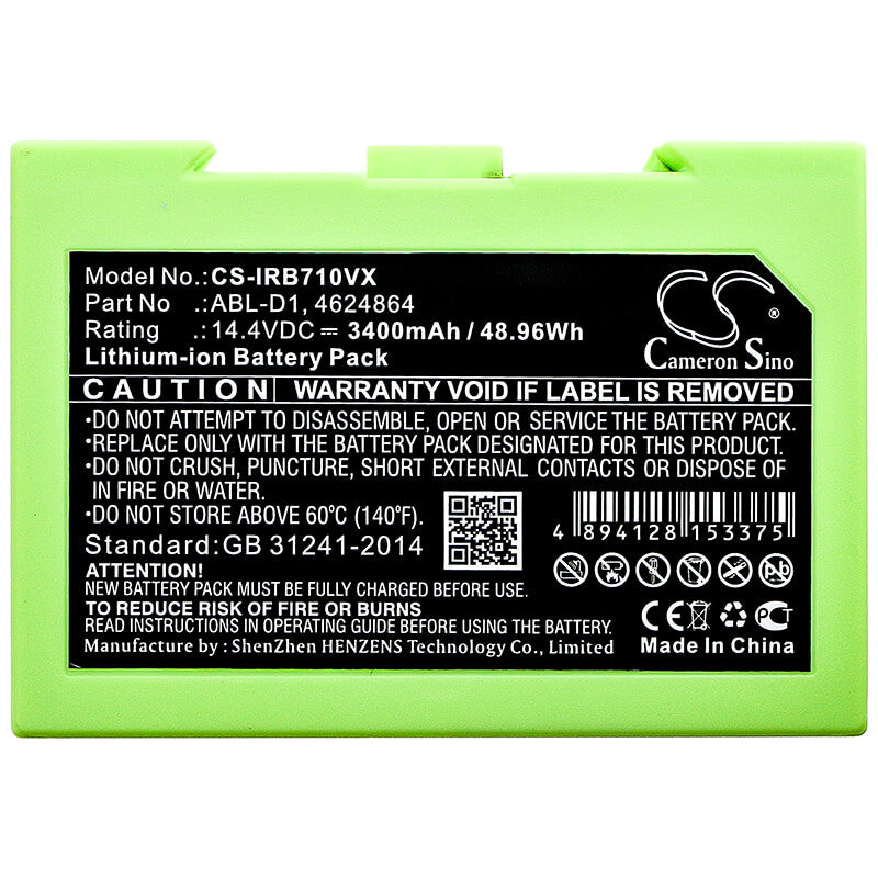 14.4V, 3400mAh, Li-ion Battery fits Irobot, 7150, I31502f, 48.96Wh