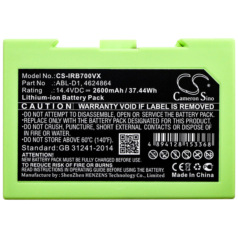 14.4V, 2600mAh, Li-ion Battery fits Irobot, 7150, I31502f, 37.44Wh