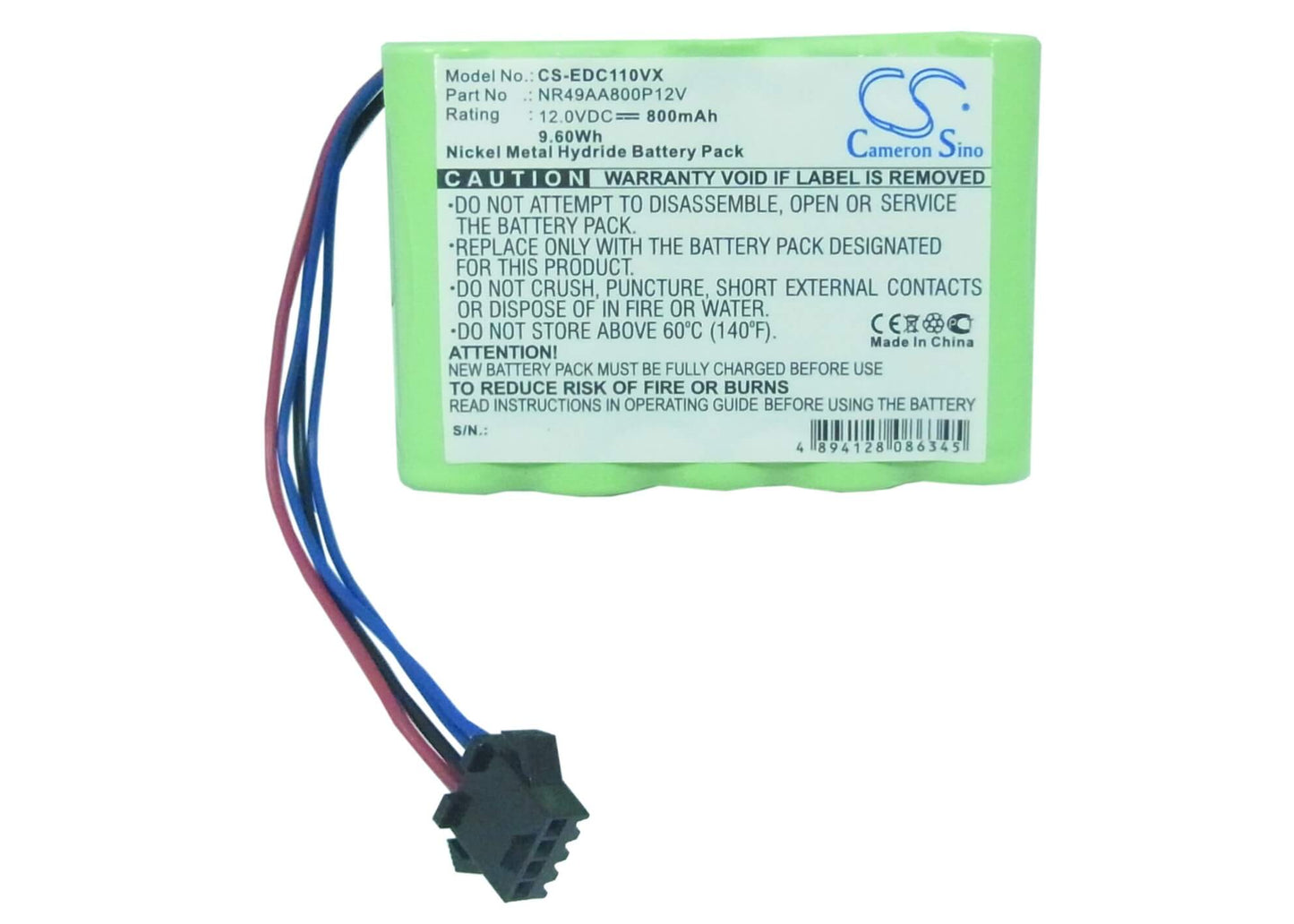 12.0V, 800mAh, Ni-MH Battery fits Ricambi, Robot Aspiratore Imetec, 9.6Wh