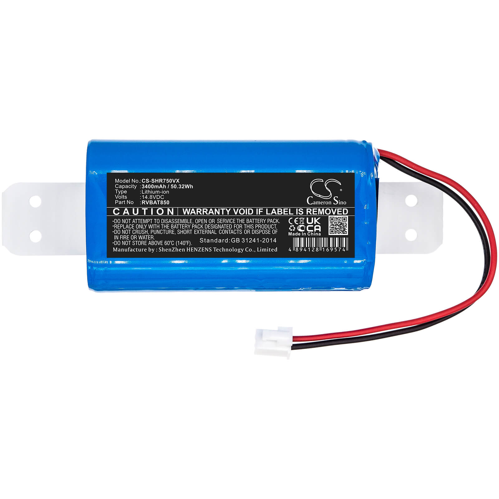 14.8V, 3400mAh, Li-ion Battery fits Shark, Ion Robot Vacuum Cleaning Syst, Ion Robot Vacuum Cleaning Syst, 50.32Wh