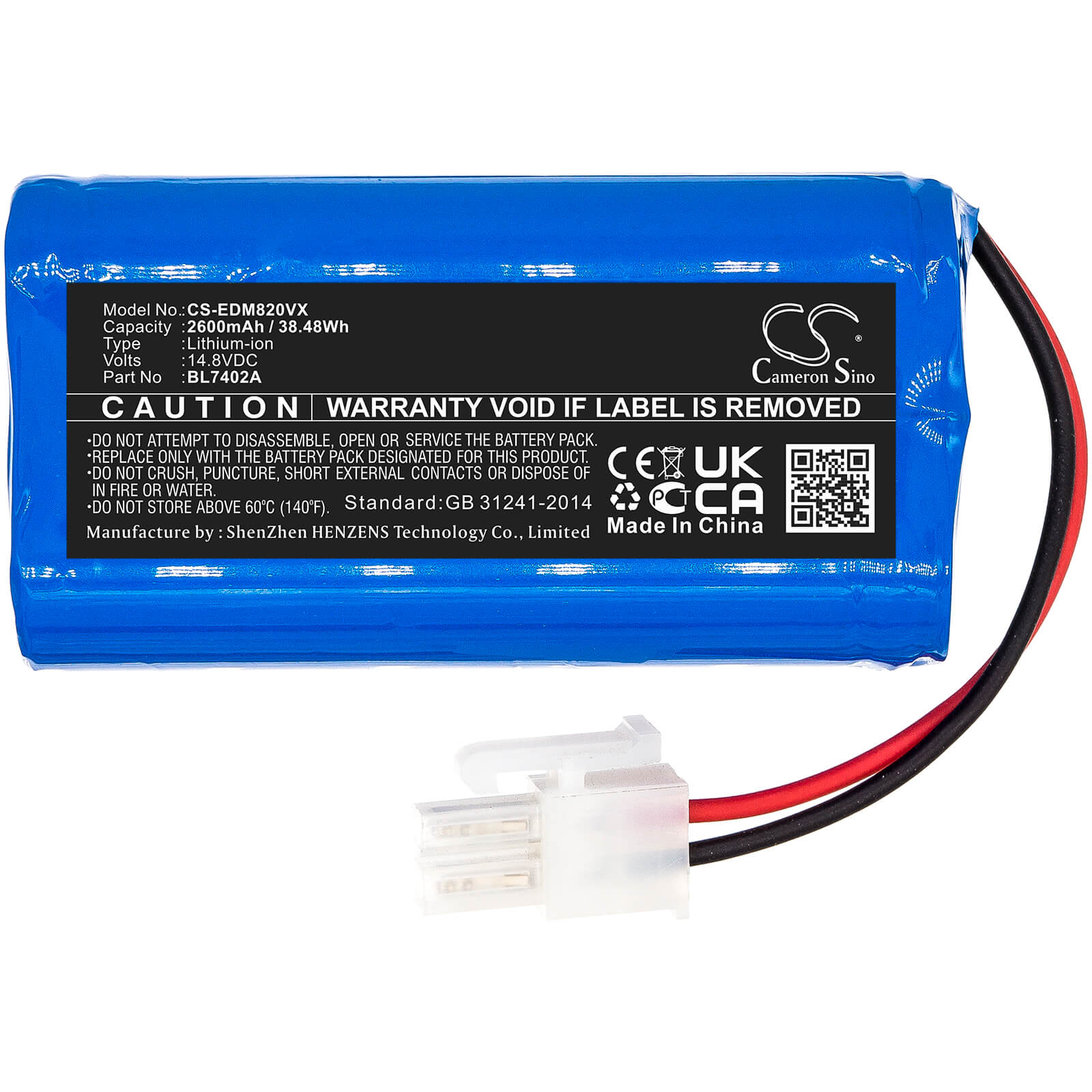 14.8V, 2600mAh, Li-ion Battery fits Ecovacs, Deebot M82, 38.48Wh