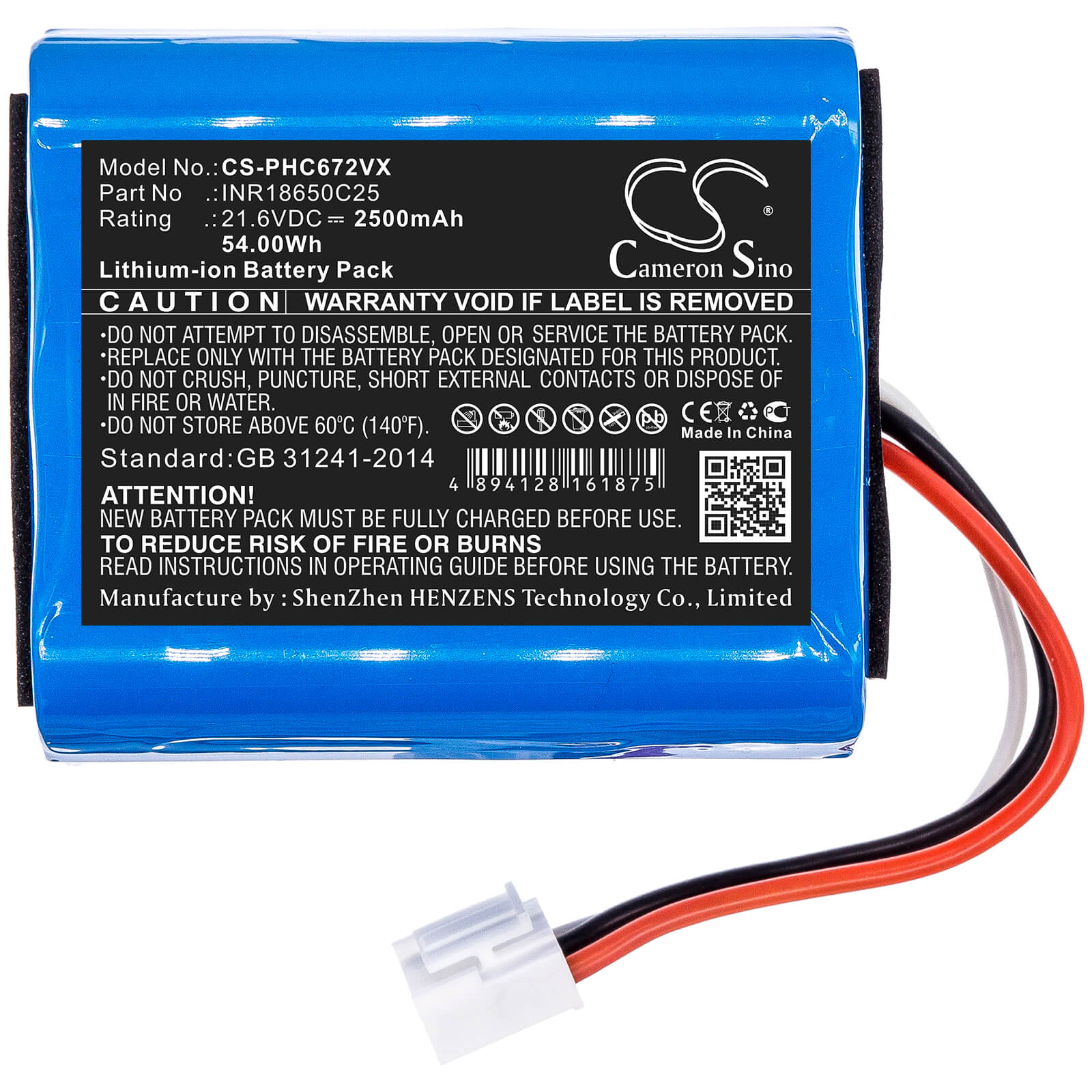 21.6V, 2500mAh, Li-ion Battery fits Philips, Fc6721, Fc6721/01, 54Wh