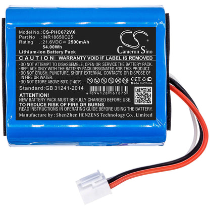 21.6V, 2500mAh, Li-ion Battery fits Philips, Fc6721, Fc6721/01, 54Wh