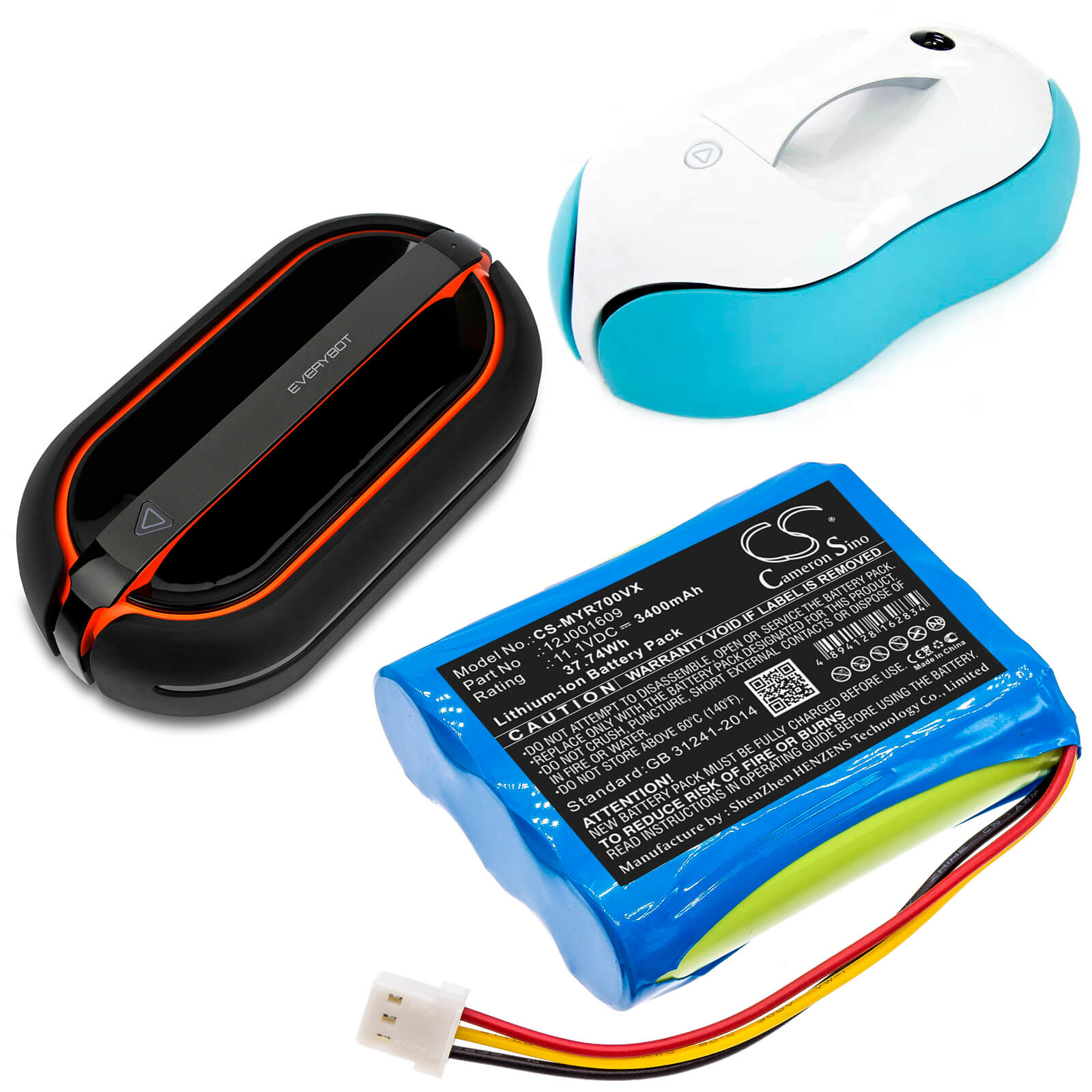 11.1V, 3400mAh, Li-ion Battery fits Moneual, Everybot Rs500, Everybot Rs700, 37.74Wh