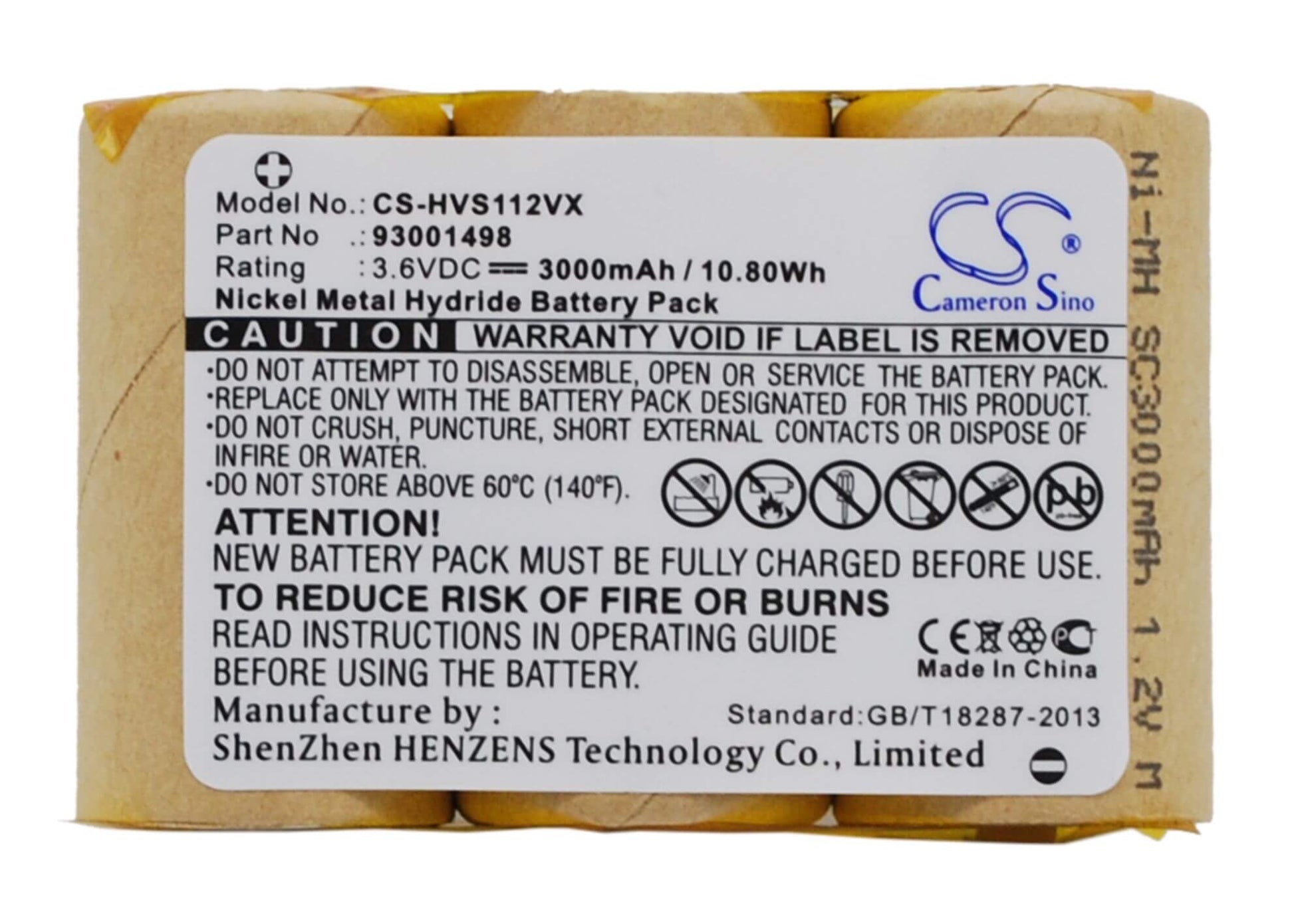 3.6V, 3000mAh, Ni-MH Battery fits Hoover, S1120, 10.8Wh