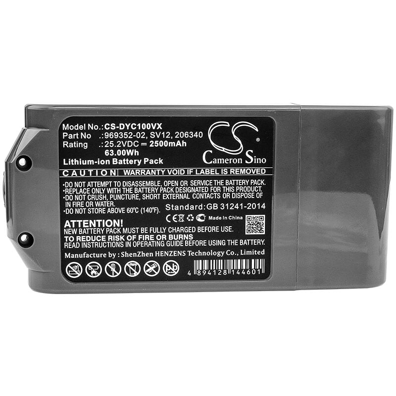 25.2V, 2500mAh, Li-ion Battery fits Dyson, Cyclone V10, V10, 63Wh