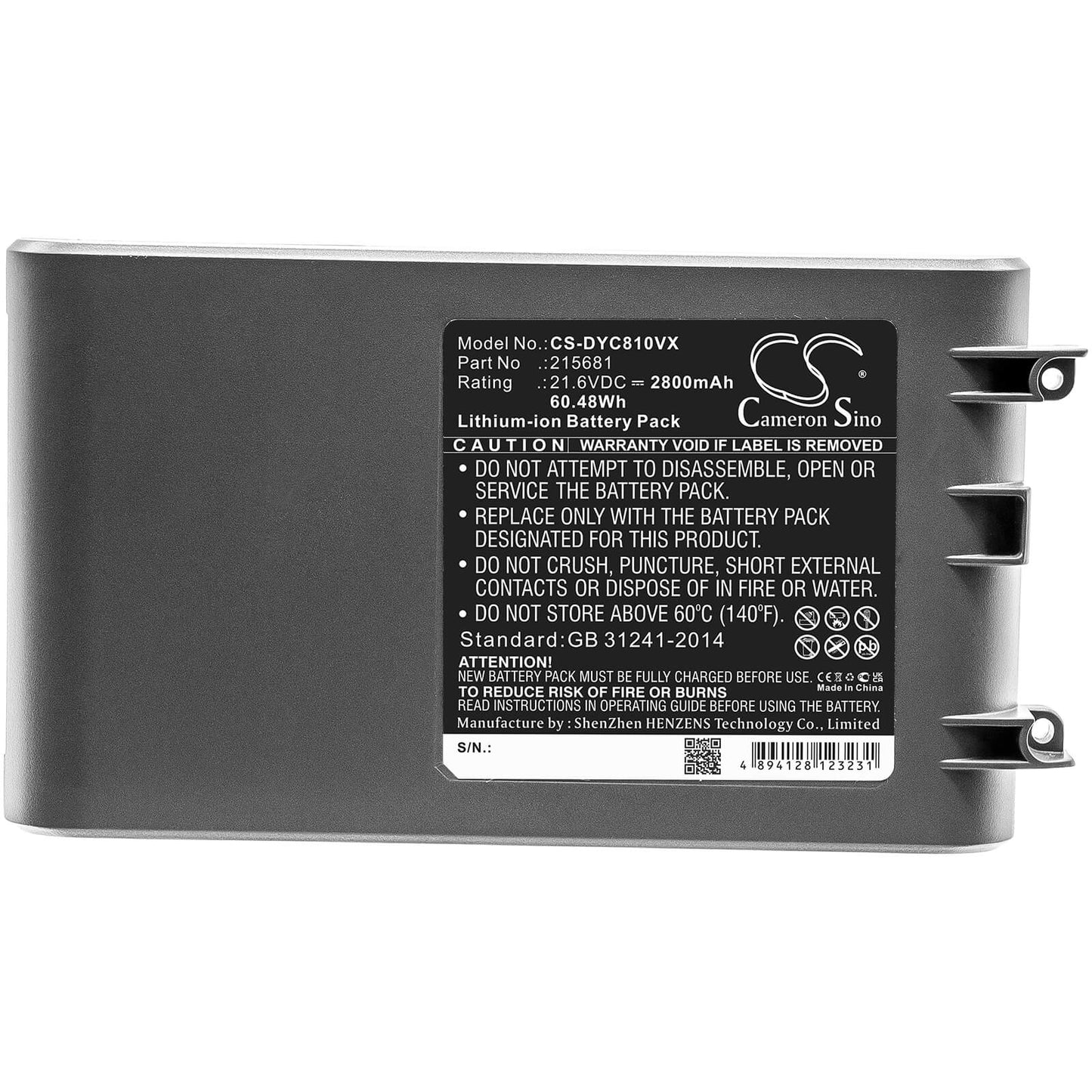 21.6V, 2800mAh, Li-ion Battery fits Dyson, Sv10, V8, 60.48Wh