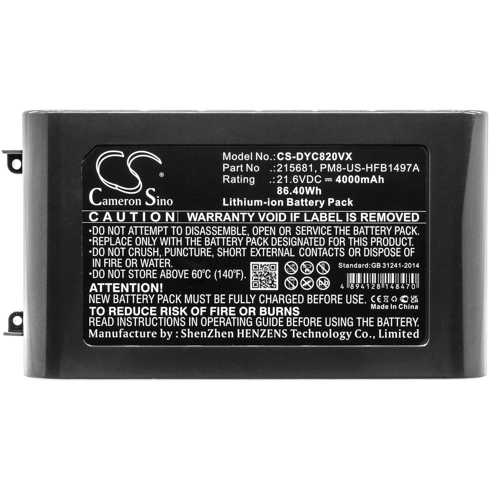 21.6V, 4000mAh, Li-ion Battery fits Dyson, Sv10, V8, 86.4Wh