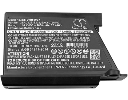 14.4V, 2600mAh, Li-ion Battery fits Lg, Hombot R66803vmnp, Hombot Vcarpetx, 37.44Wh