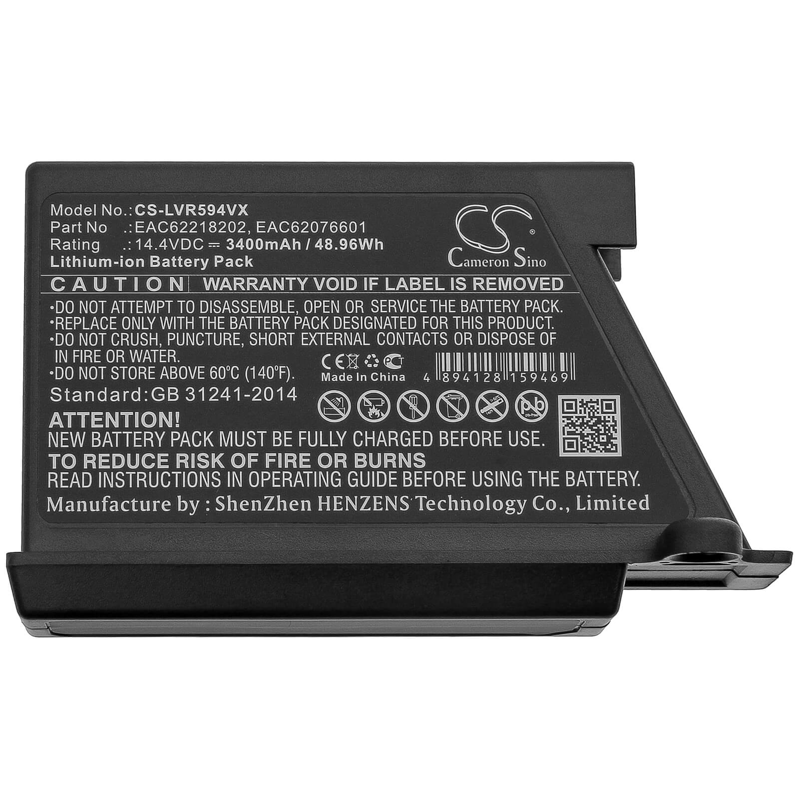 14.4V, 3400mAh, Li-ion Battery fits Lg, Hombot R66803vmnp, Hombot Vcarpetx, 48.96Wh