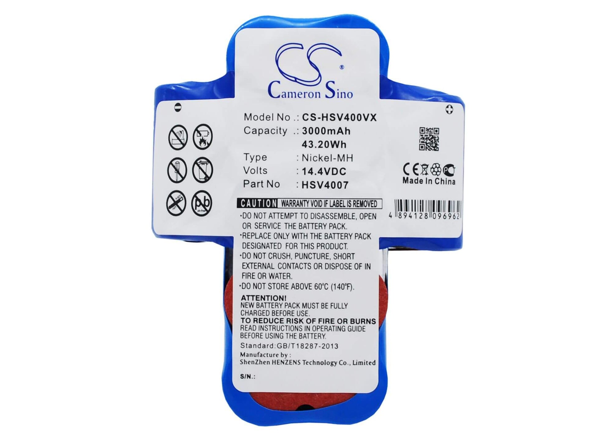 14.4V, 3000mAh, Ni-MH Battery fits Hoover, Hsv40, Hsv4007, 43.2Wh