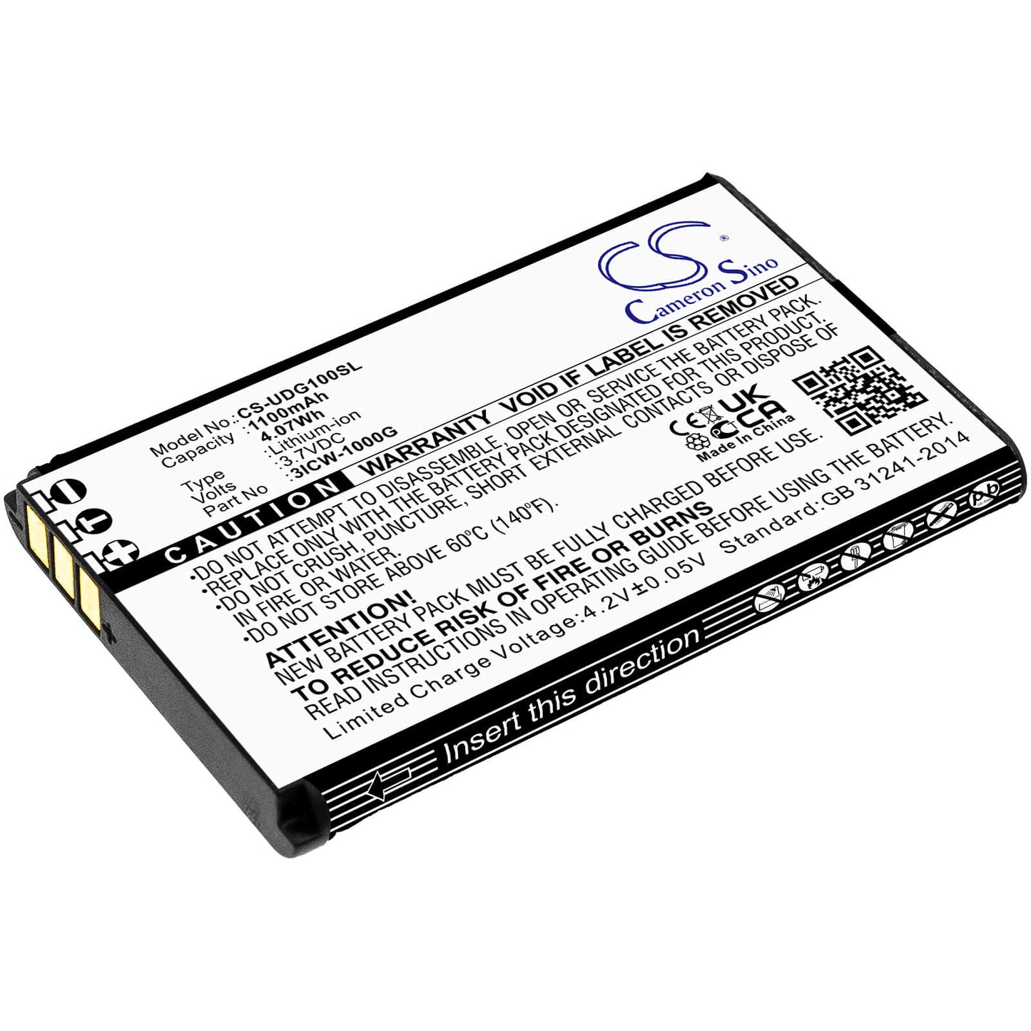 3.7V, 1100mAh, Li-ion Battery fits Unidata, Icw-1000g, 4.07Wh
