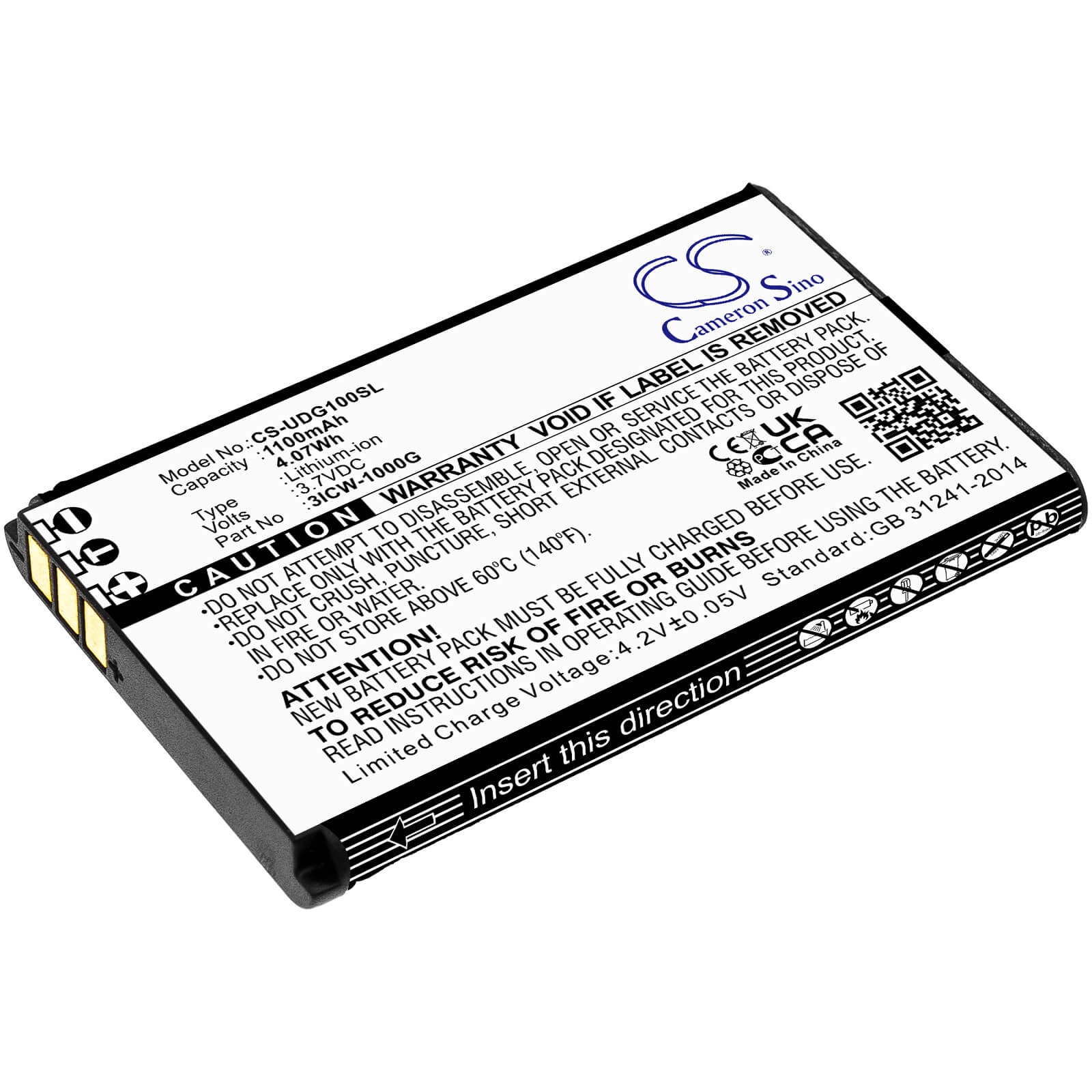 3.7V, 1100mAh, Li-ion Battery fits Unidata, Icw-1000g, 4.07Wh