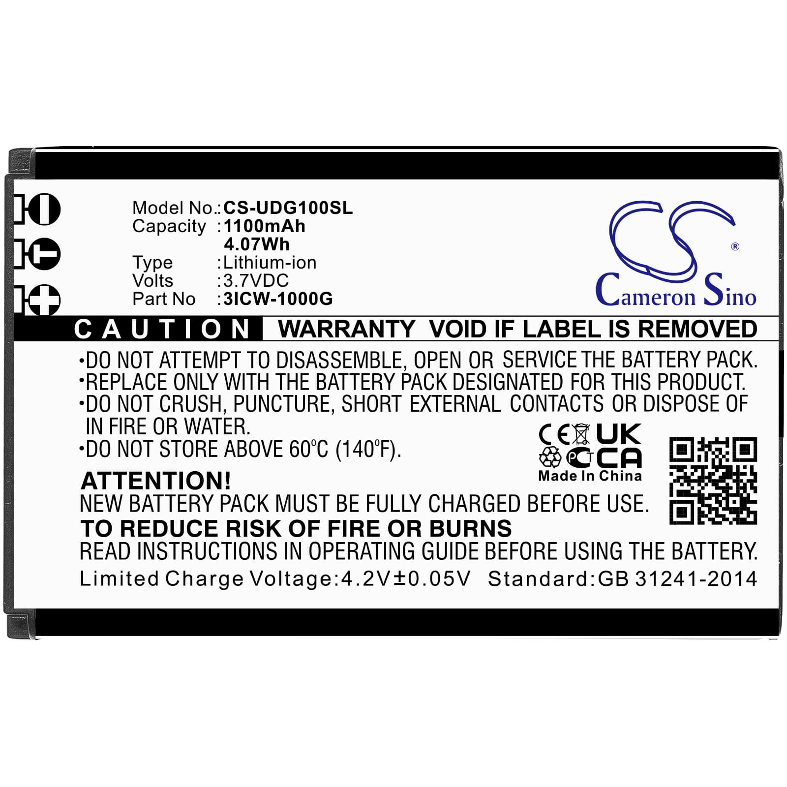 3.7V, 1100mAh, Li-ion Battery fits Unidata, Icw-1000g, 4.07Wh