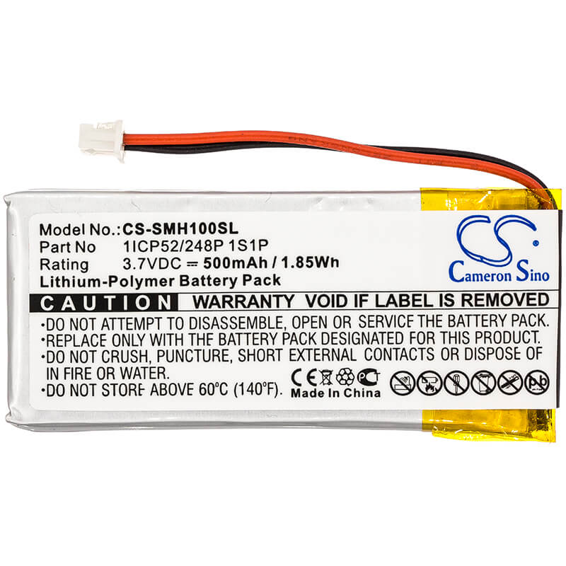 3.7V, 500mAh, Li-Polymer Battery fits Sena, Smh-10, Smh-10 Lifespan, 1.85Wh