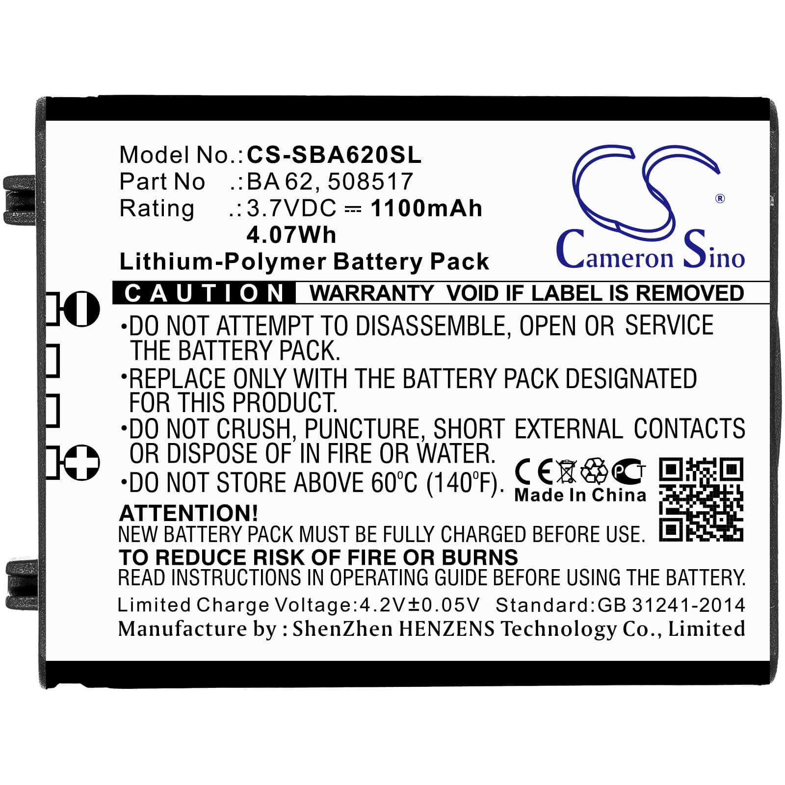 3.7V, 1100mAh, Li-Polymer Battery fits Sennheiser, L 6000, Lm 6062, 4.07Wh