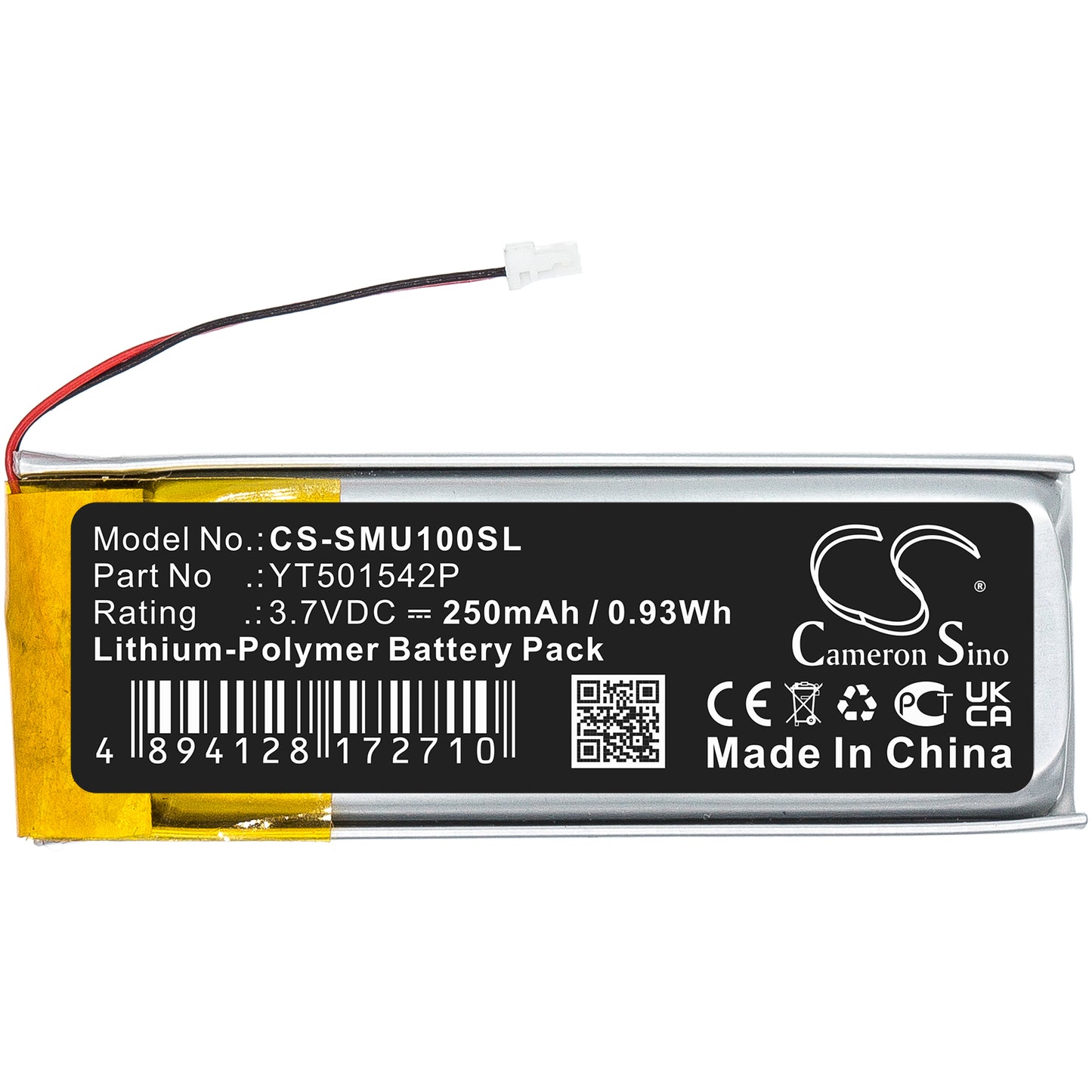 3.7V, 250mAh, Li-Polymer Battery fits Sena, 10u, 0.925Wh