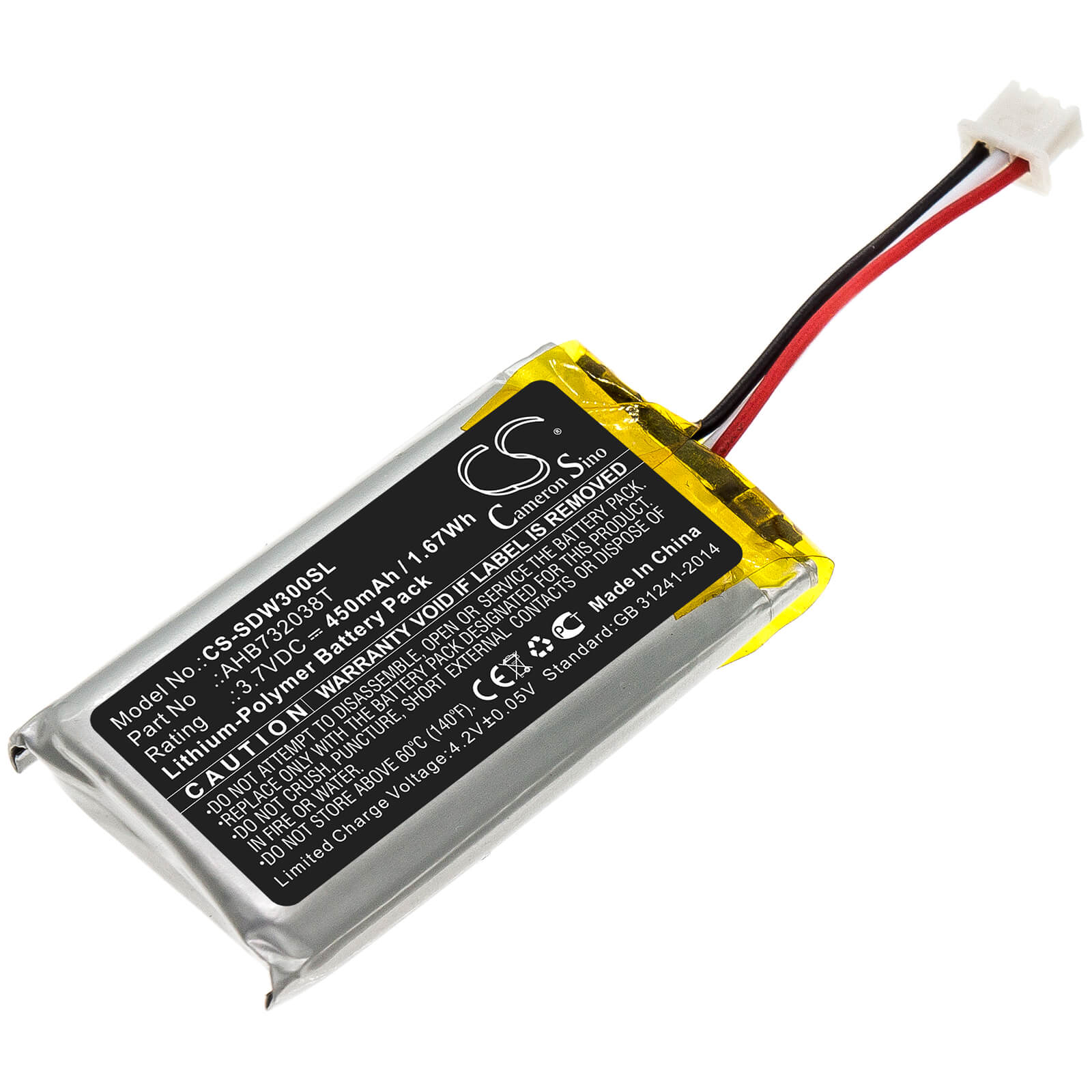 3.7V, 450mAh, Li-Polymer Battery fits Sennheiser, Dw 30 Hs, Impact 5033, 1.665Wh