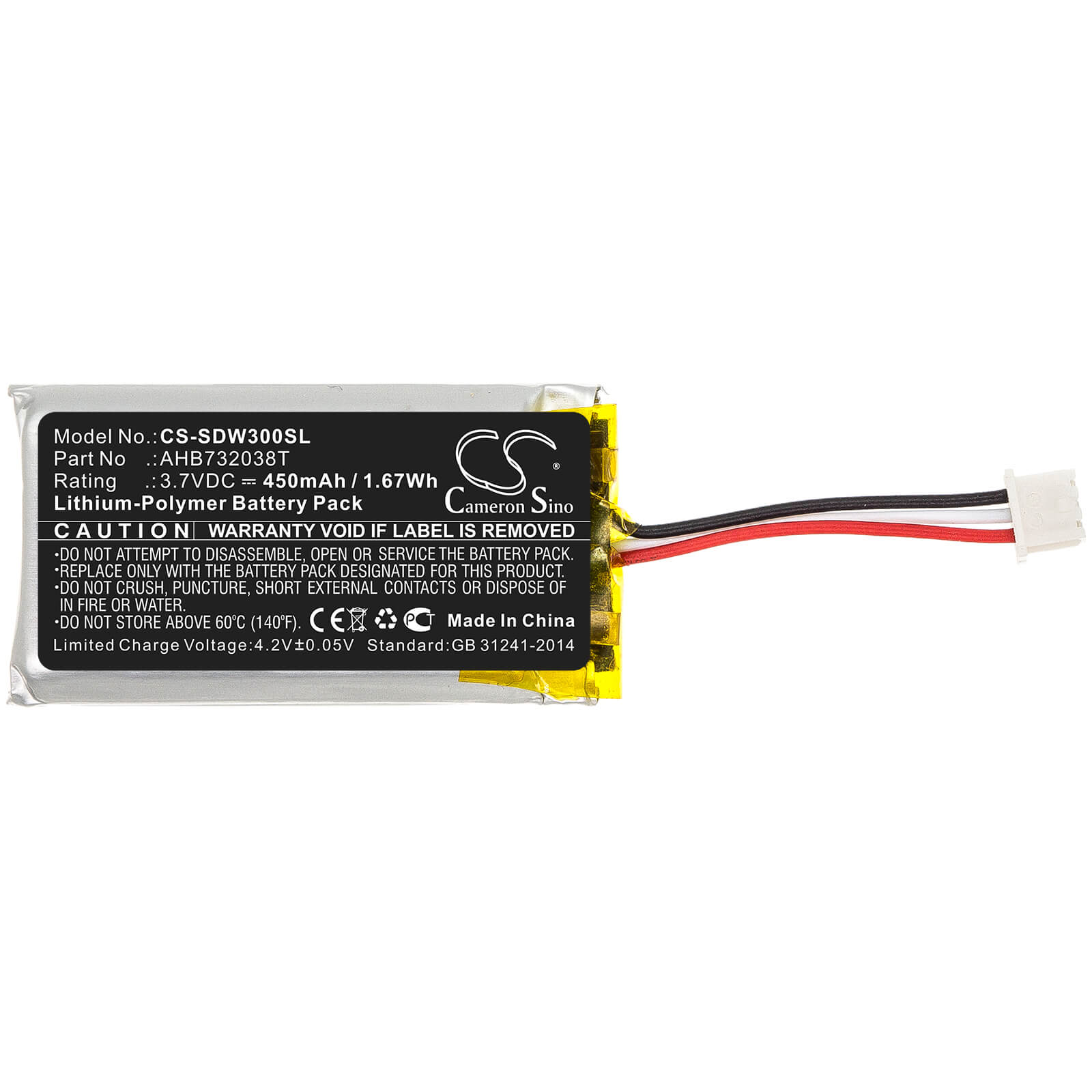 3.7V, 450mAh, Li-Polymer Battery fits Sennheiser, Dw 30 Hs, Impact 5033, 1.665Wh