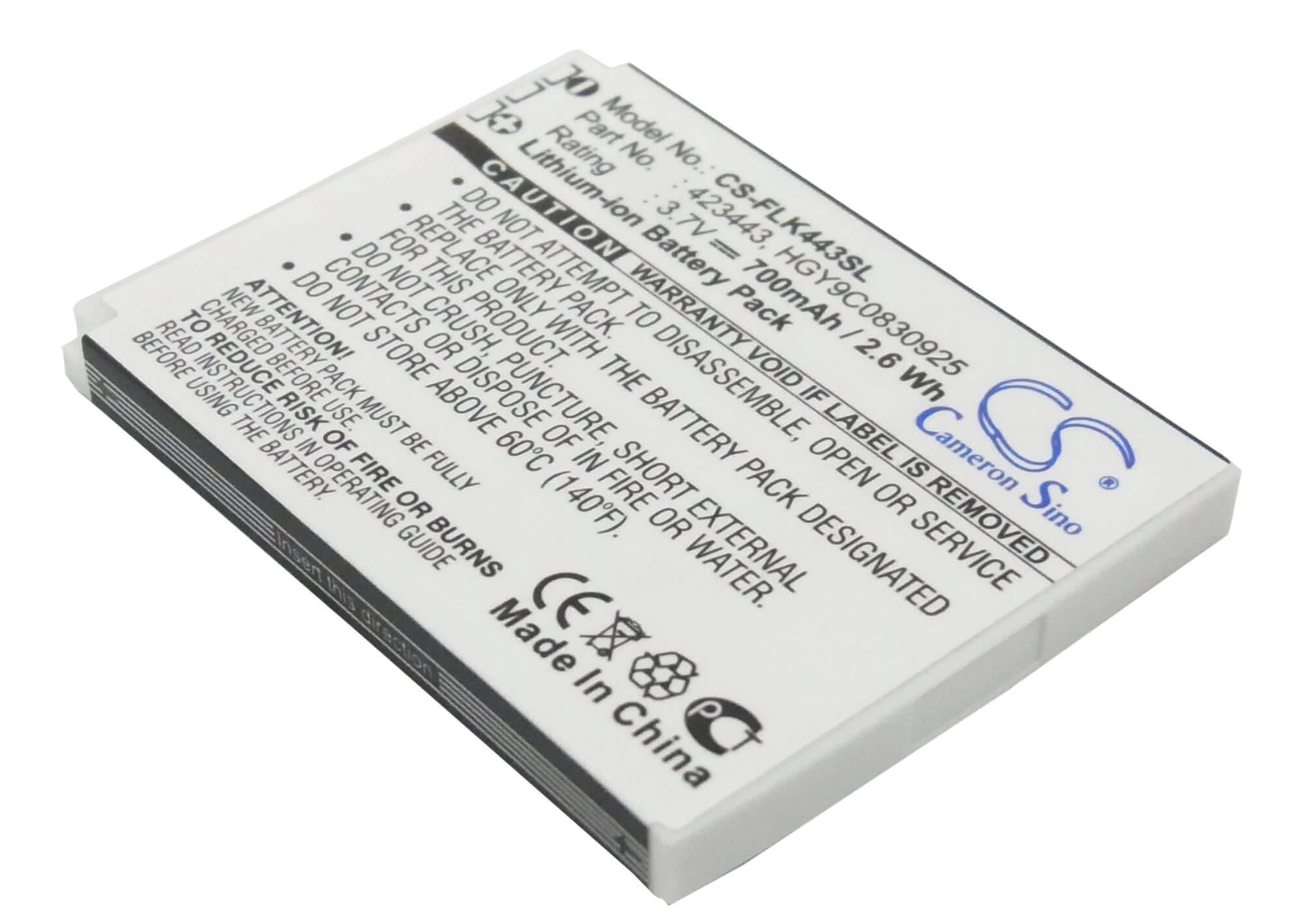 3.7V, 700mAh, Li-ion Battery fits Foxlink, 423443, 2.59Wh