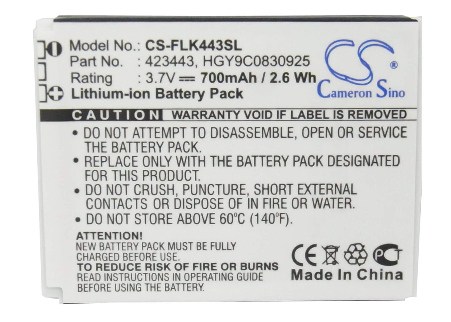 3.7V, 700mAh, Li-ion Battery fits Foxlink, 423443, 2.59Wh