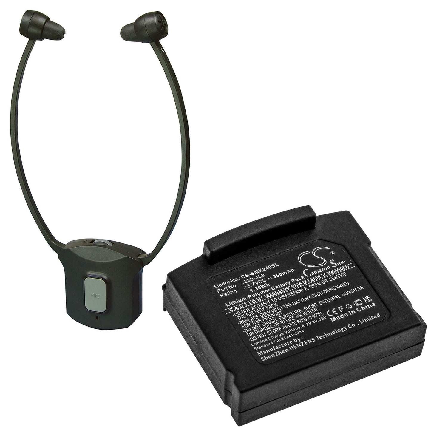 3.7V, 350mAh, Li-Polymer Battery fits Unisar, Dh900 Tv Listening, 1.295Wh