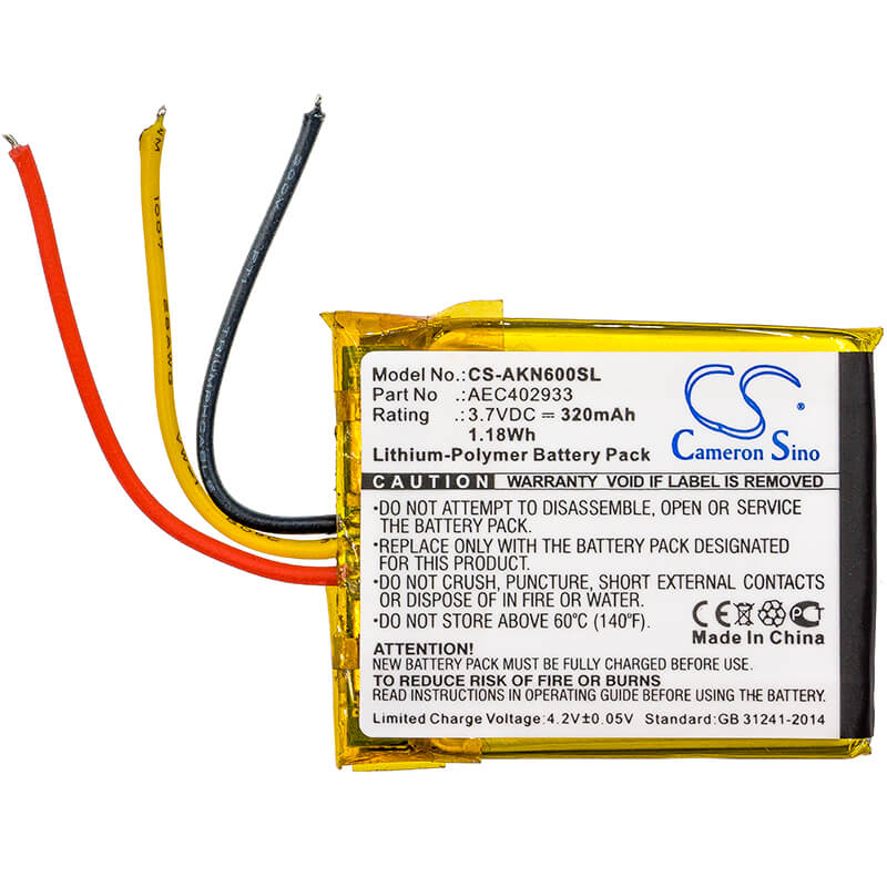 3.7V, 320mAh, Li-Polymer Battery fits Akg, N60 Nc, 1.184Wh