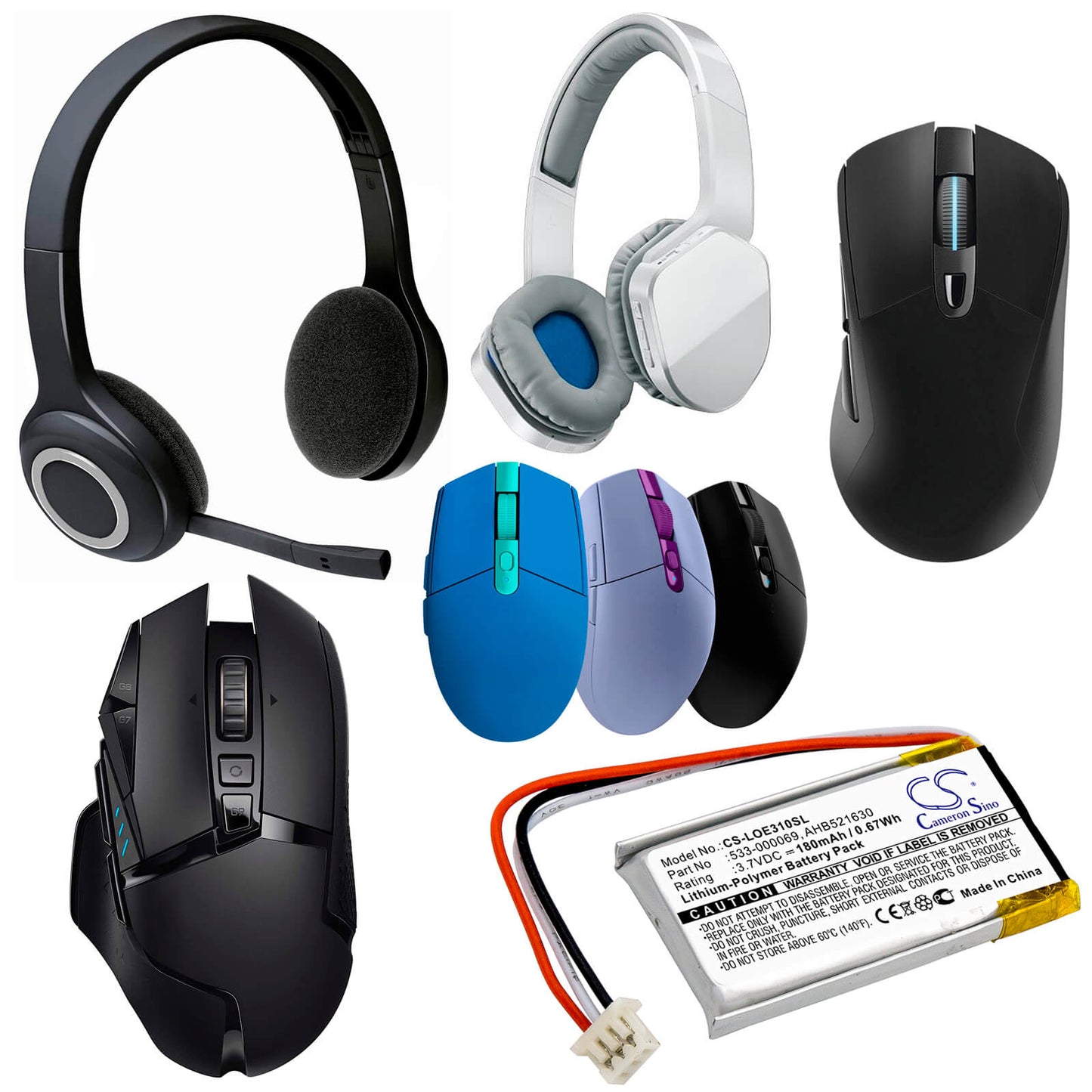 Wireless Headset 3.7V, 180mAh, Li-Polymer Battery fits Logitech, A-00031, G Pro Wireless, 0.666Wh