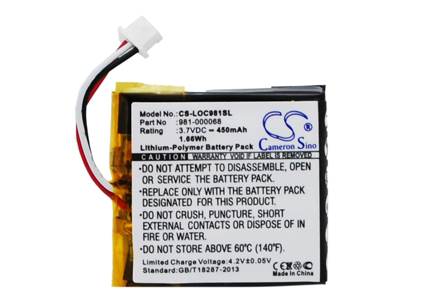 3.7V, 450mAh, Li-Polymer Battery fits Logitech, 981-000068, 981-000069, 1.665Wh
