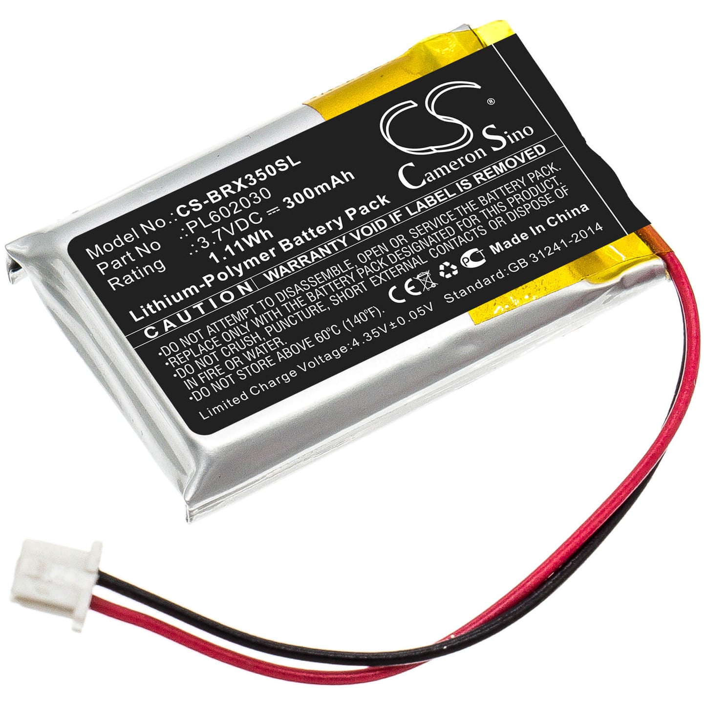 3.7V, 300mAh, Li-Polymer Battery fits Blueparrott, Vxi B350-xt, 1.11Wh