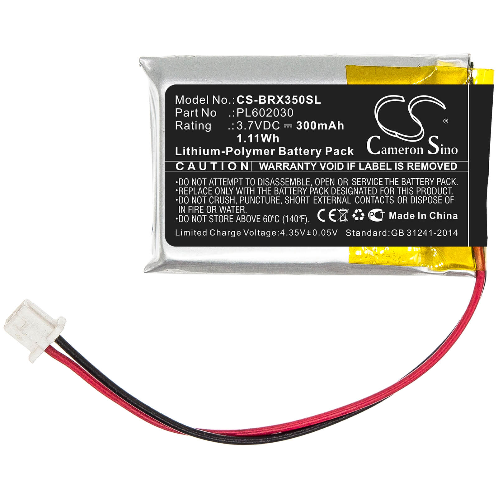 3.7V, 300mAh, Li-Polymer Battery fits Blueparrott, Vxi B350-xt, 1.11Wh