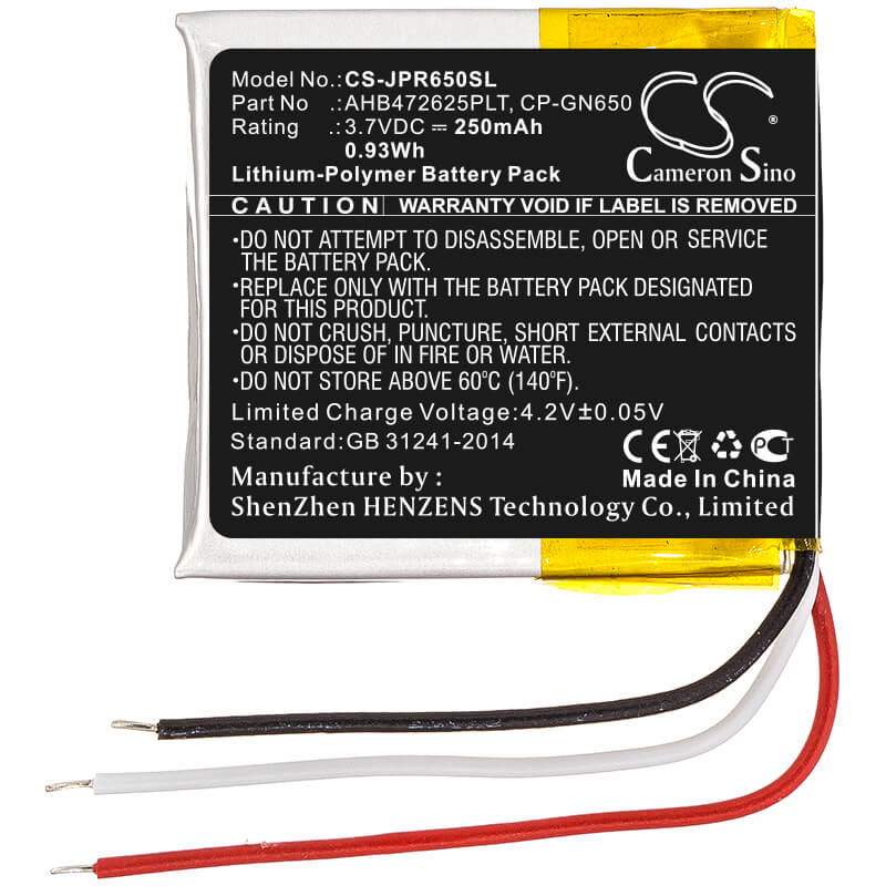 3.7V, 250mAh, Li-Polymer Battery fits Jabra, Evolve 65, Evolve 80, 0.925Wh