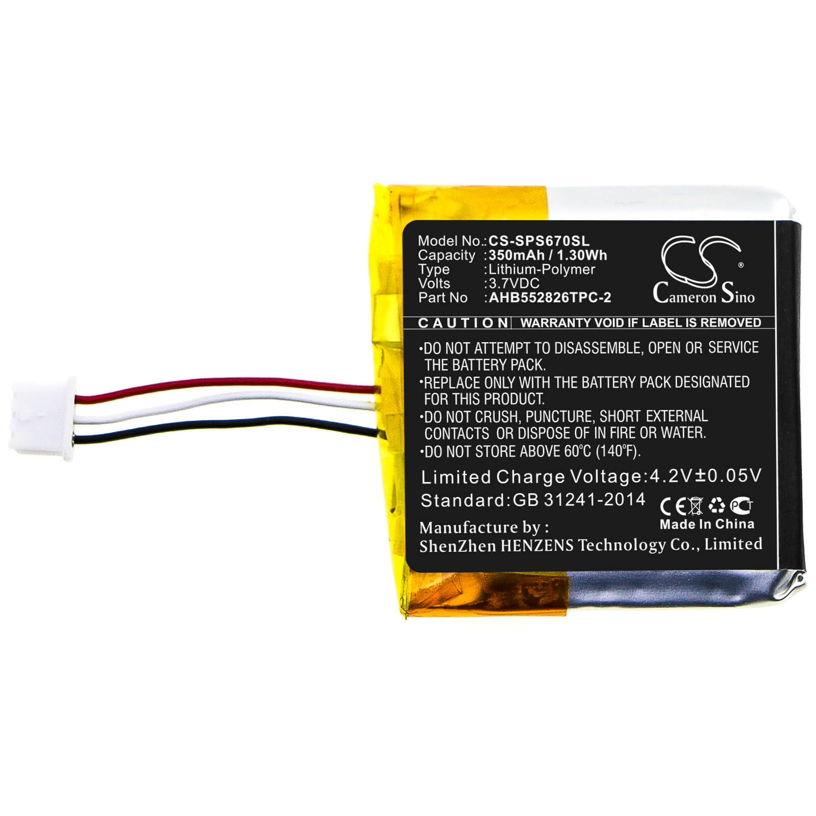3.7V, 350mAh, Li-Polymer Battery fits Sennheiser, Gsp 350, Gsp 500, 1.295Wh