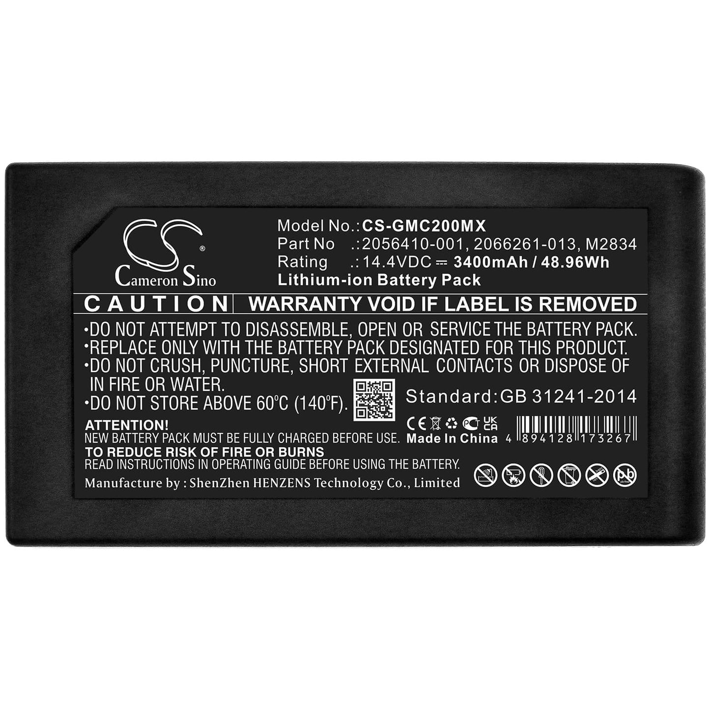 14.4V, 3400mAh, Li-ion Battery fits Ge, Mac 2000, Mac 2000 Ekg, 48.96Wh
