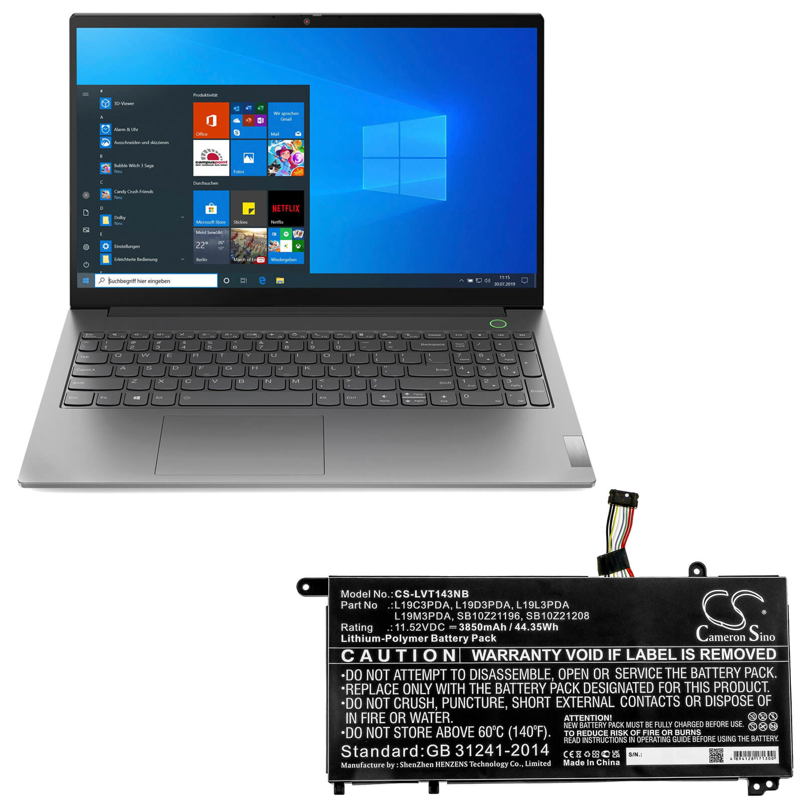 11.52V, 3850mAh, Li-Polymer Battery fits Lenovo, Fru Tp1415 Lg, Thinkbook 14 G2 Itl, 44.352Wh