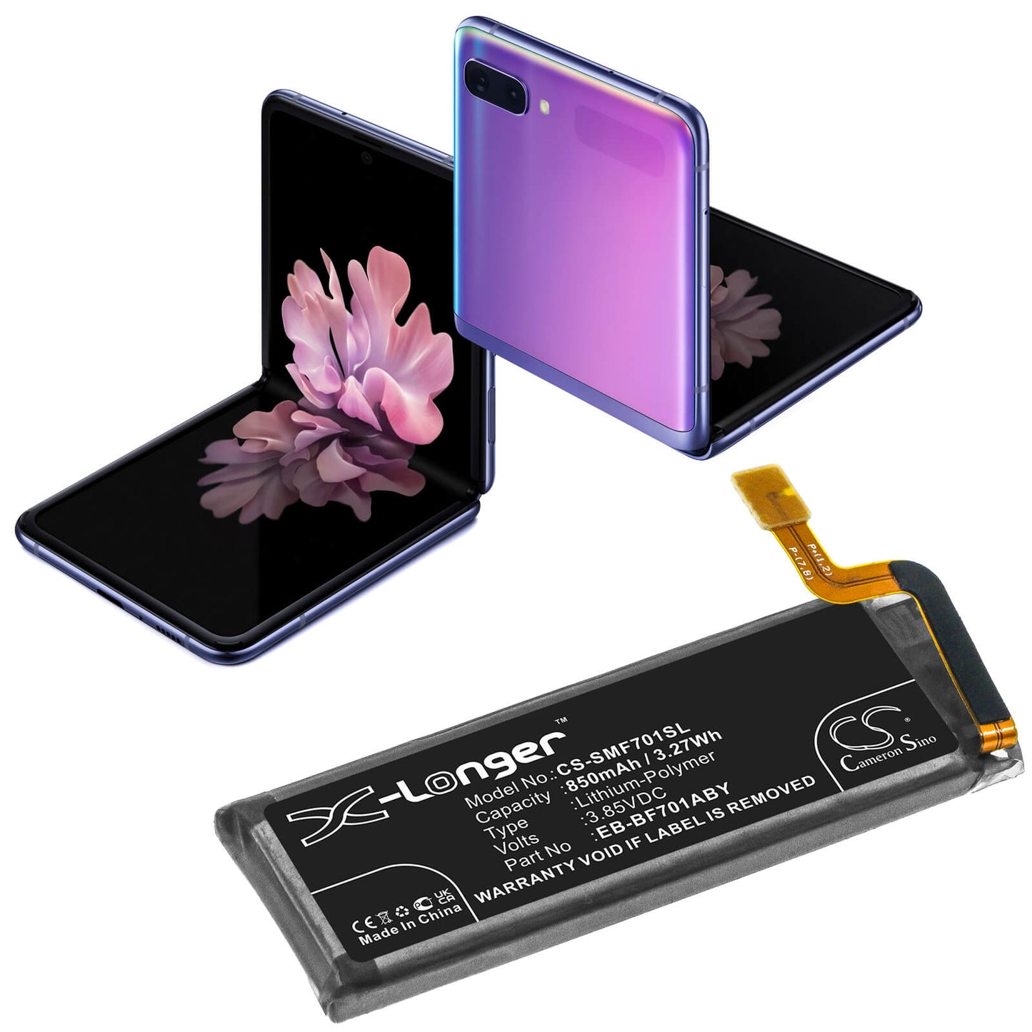 3.85V, 900mAh, Li-Polymer Battery fits Samsung, Galaxy Z Flip, Sm-f7000, 3.465Wh