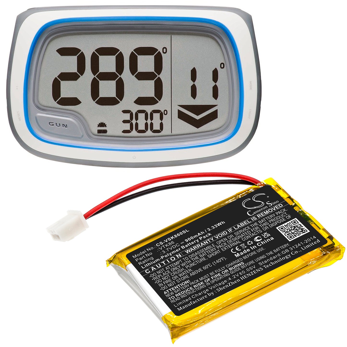 3.7V, 900mAh, Li-Polymer Battery fits Velocitek, Shift, 3.33Wh