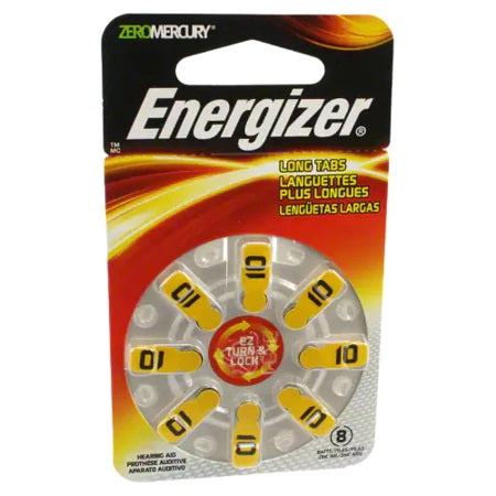 EnergizerAZ10DB-8, ac10, da10h, 10ae, size 10 hearing aid 8pk batteries (yellow)